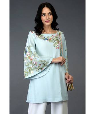 Serenity Blue Birds and Floral Embroidered Tunic Top 1