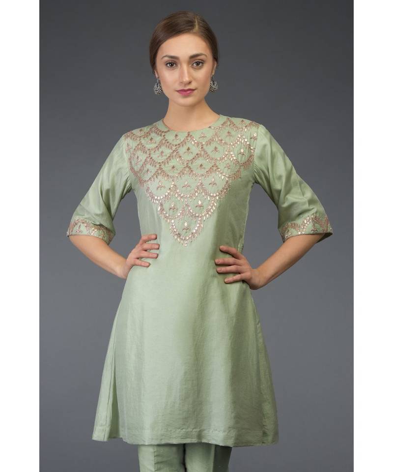 Sage Green Gota Patti Hand Embroidered Tunic Kurta