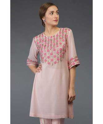 Nude Pink Resham & Gota Patti Hand Embroidered Tunic Kurta 1
