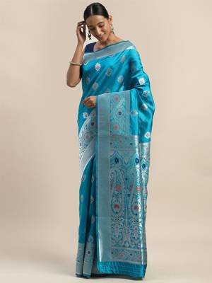 Shaily Women Blue Silk Blend Woven Zari Saree 1