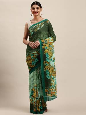 Shaily Women Green Georgette Printed Saree 1