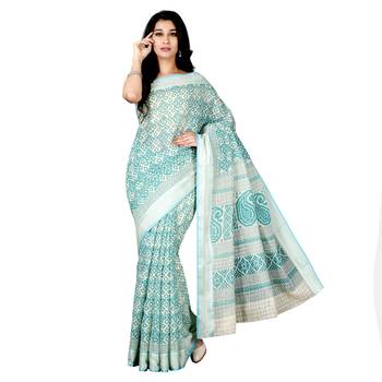 Blue printed cotton saree with blouse 1