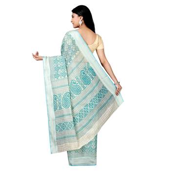 Blue printed cotton saree with blouse 2