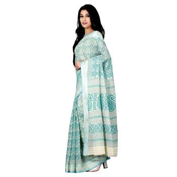 Blue printed cotton saree with blouse 3