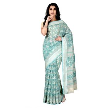 Blue printed cotton saree with blouse 4