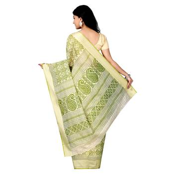 Green printed cotton saree with blouse 2