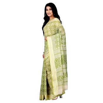 Green printed cotton saree with blouse 3