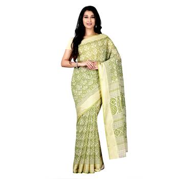 Green printed cotton saree with blouse 4