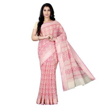 Pink printed cotton saree with blouse 1