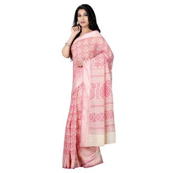 Pink printed cotton saree with blouse 3