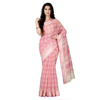 Pink printed cotton saree with blouse 4