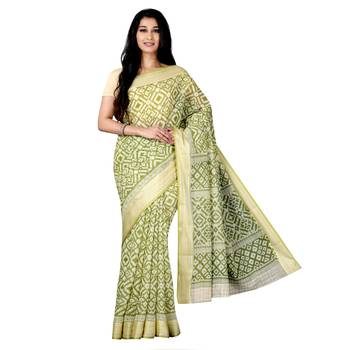 Green printed cotton saree with blouse 1