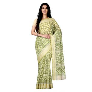 Green printed cotton saree with blouse 4