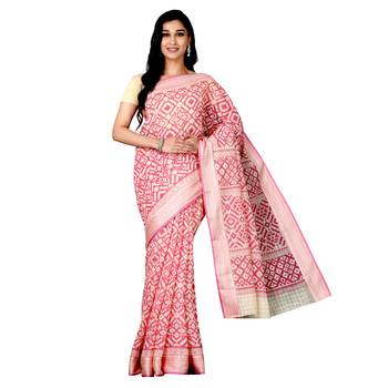 Pink printed cotton saree with blouse 1