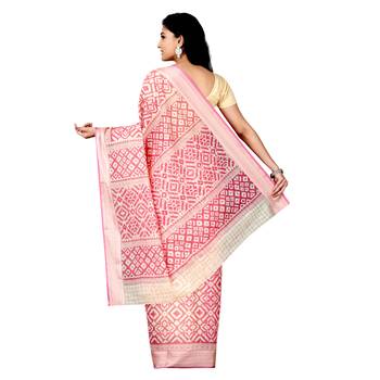 Pink printed cotton saree with blouse 2