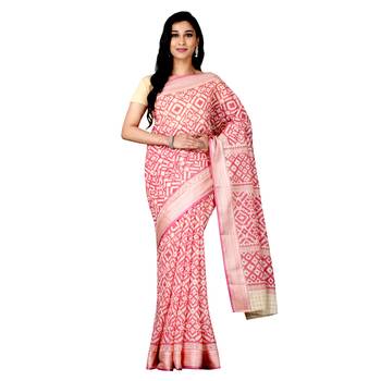 Pink printed cotton saree with blouse 4