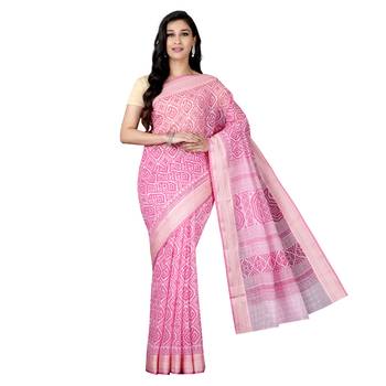 Pink printed cotton saree with blouse 1