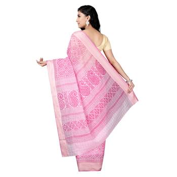Pink printed cotton saree with blouse 2