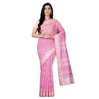 Pink printed cotton saree with blouse 4