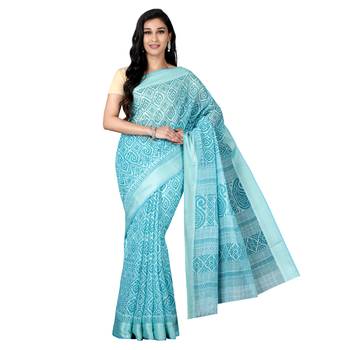 Blue printed cotton saree with blouse 1