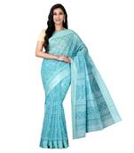 Blue printed cotton saree with blouse