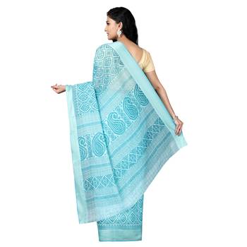 Blue printed cotton saree with blouse 2