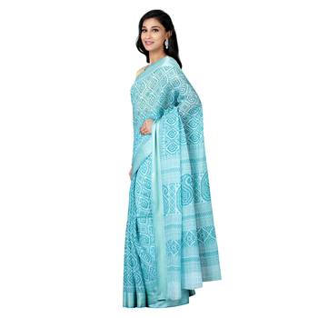 Blue printed cotton saree with blouse 3