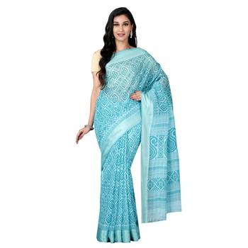 Blue printed cotton saree with blouse 4