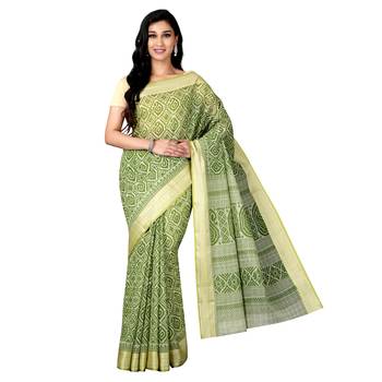 Green printed cotton saree with blouse 1