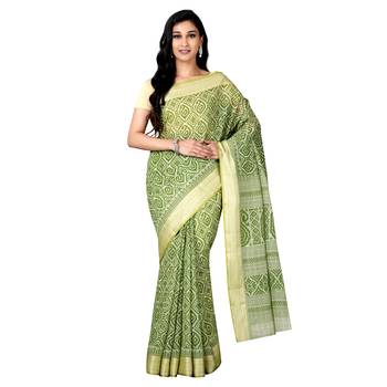 Green printed cotton saree with blouse 4
