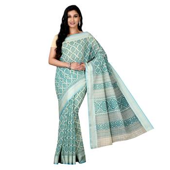Blue printed cotton saree with blouse 1
