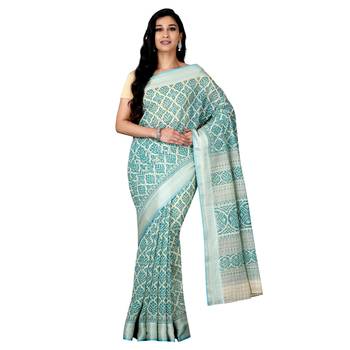 Blue printed cotton saree with blouse 4