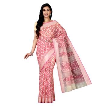 Pink printed cotton saree with blouse 1