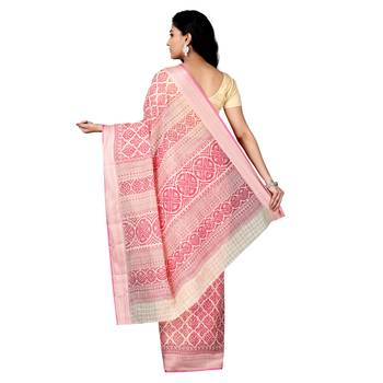 Pink printed cotton saree with blouse 2