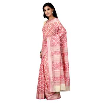 Pink printed cotton saree with blouse 3