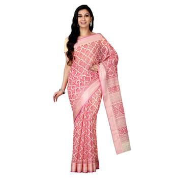 Pink printed cotton saree with blouse 4