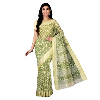 Green printed cotton saree with blouse 1