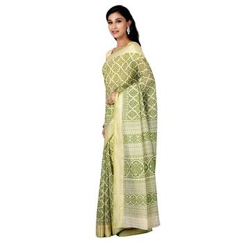 Green printed cotton saree with blouse 3