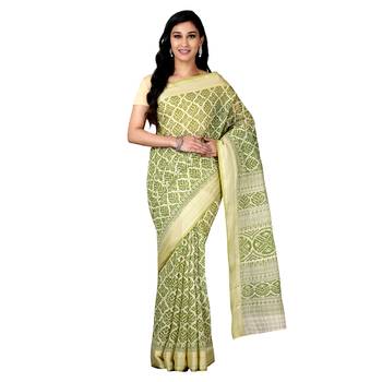 Green printed cotton saree with blouse 4