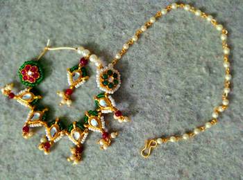 Designer kundan pearl stone bridal wedding nose ring indian style nath with pearl line 1