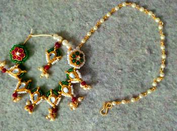 Designer kundan pearl stone bridal wedding nose ring indian style nath with pearl line 1