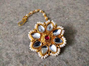  Designer Classic Kundan Pearl Stone Maang Tikka or Borla Headpiece for Wedding 1