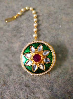 Designer classic kundan pearl stone maang tikka or borla headpiece for wedding 2