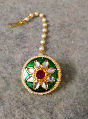 Designer classic kundan pearl stone maang tikka or borla headpiece for wedding 3