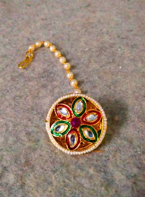 Designer classic kundan pearl stone maang tikka or borla headpiece for wedding 2