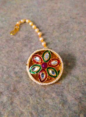 Designer classic kundan pearl stone maang tikka or borla headpiece for wedding 3