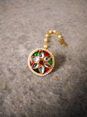 Designer classic kundan pearl stone maang tikka or borla headpiece for wedding 3