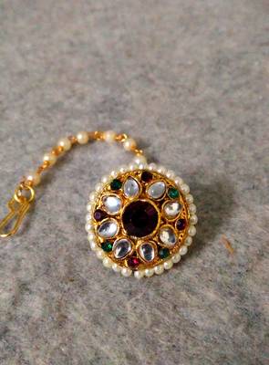 Designer classic kundan pearl stone maang tikka or borla headpiece for wedding 2