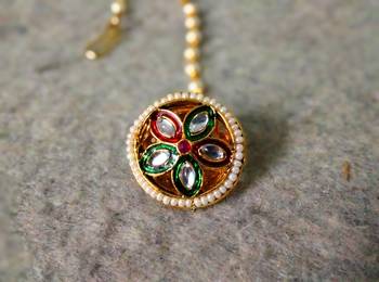 Designer classic kundan pearl stone maang tikka or borla headpiece for wedding 1