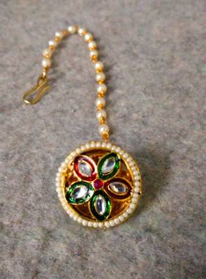 Designer classic kundan pearl stone maang tikka or borla headpiece for wedding 2